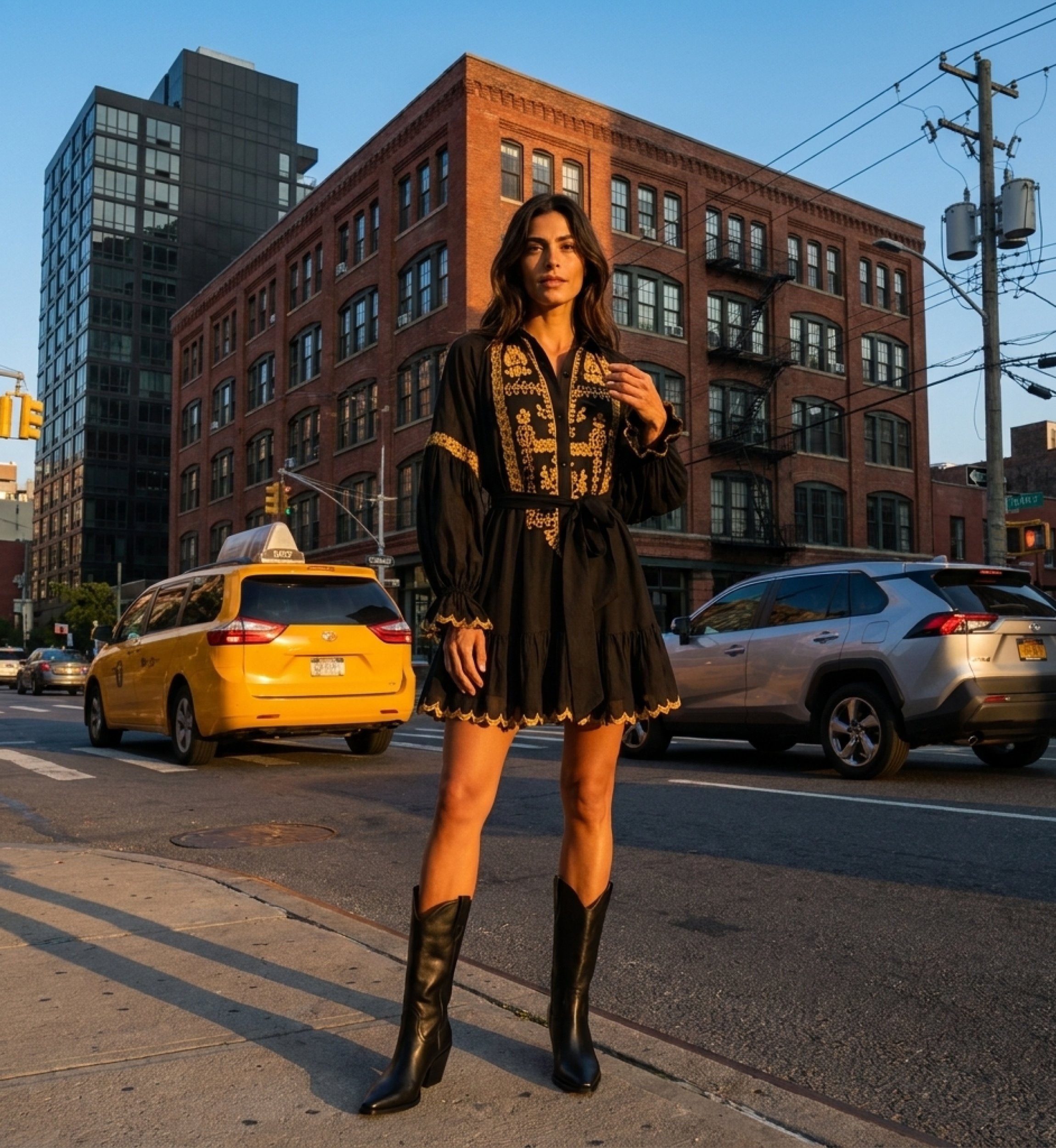 Black long-sleeve mini dress with gold embroidery, collared neckline, button-front, and tiered ruffled skirt with scalloped hem.