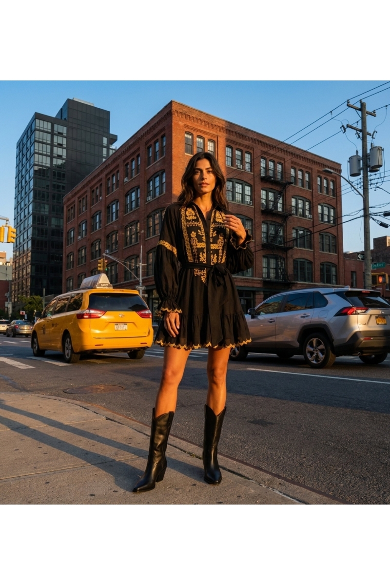 Vestido mini preto manga comprida com bordado dourado, gola, fecho de botões e saia de babados em camadas com barra festonada.