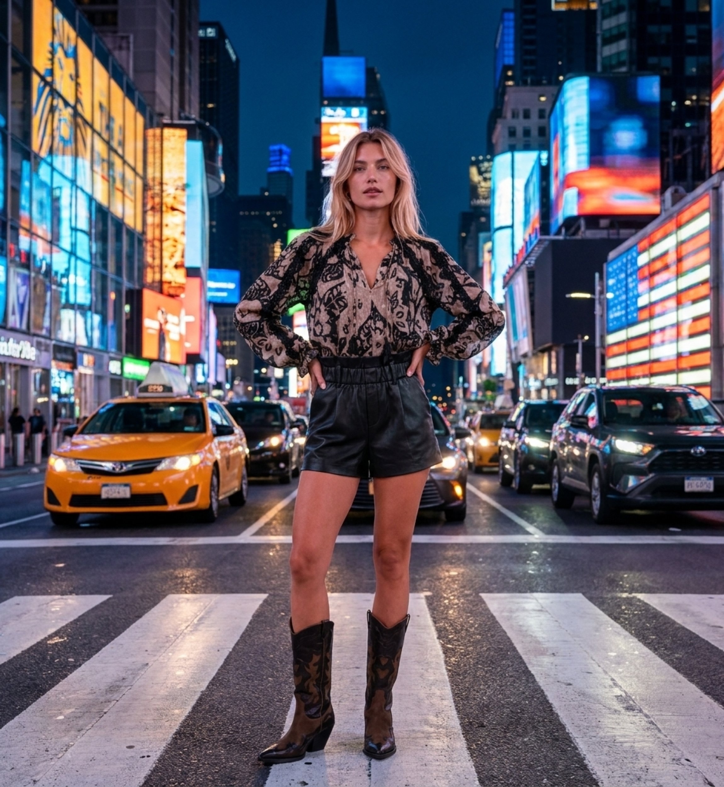 Shorts de couro preto com cintura paperbag de cós alto, corte solto e perna larga, em cenário urbano noturno.