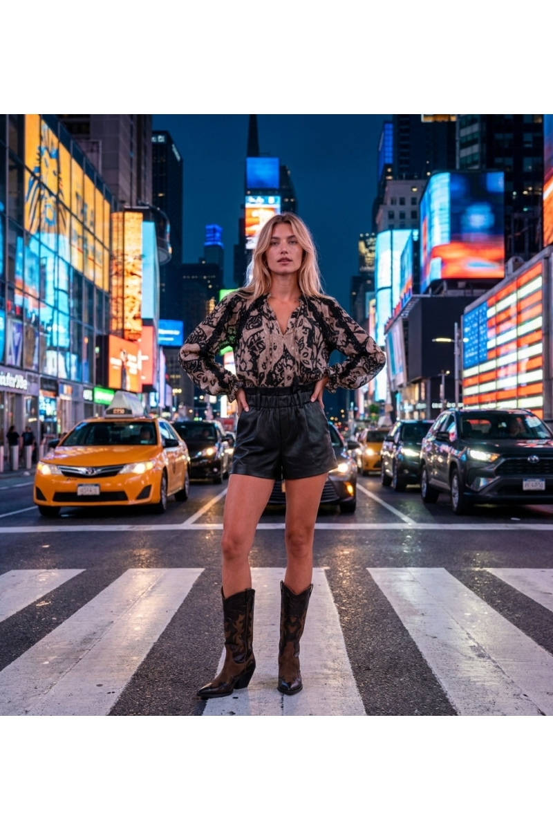 Shorts de couro preto com cintura paperbag de cós alto, corte solto e perna larga, em cenário urbano noturno.
