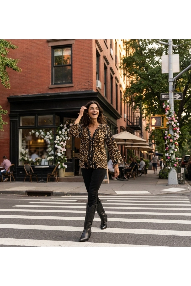 Loose black blouse with gold white leopard print, ruffled neckline, black pom-pom and tassel trim, styled outdoors.