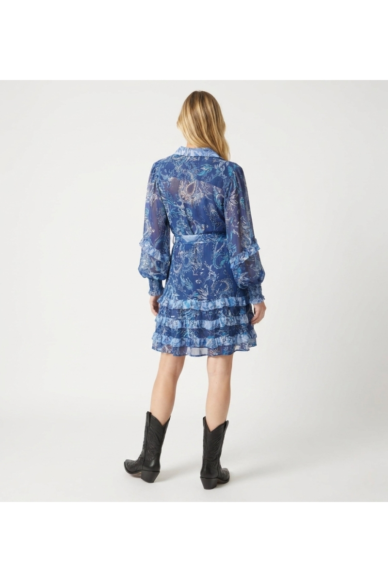 Back view: Sheer blue and white floral mini dress with long ruffled sleeves, collared neckline, tiered skirt.