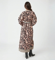 Black floral midi dress, long balloon sleeves, tie-waist belt, beige red pattern, elegant back view.