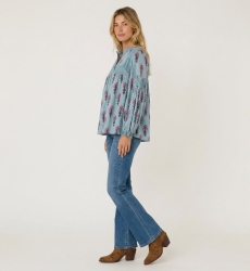 Light blue long-sleeve peasant blouse with pink and brown floral print, lace trim, and relaxed fit in cotton-like fabric, three-