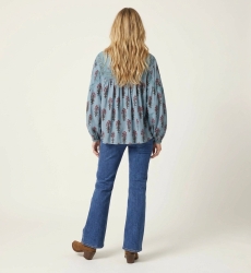 Light blue peasant blouse with pink floral pattern, lace trim, long sleeves, relaxed fit, cotton-feel fabric, back view.