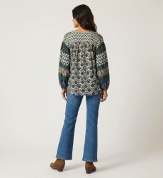 Women's long sleeve cream blouse with blue and green floral pattern, contrasting balloon sleeves, back view.