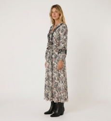 Cream midi dress with black and red floral pattern, V-neck, 3/4 balloon sleeves, self-tie waist, side view.