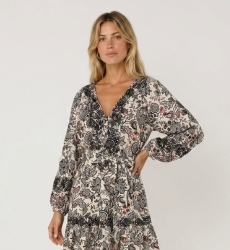 Cream mini-dress with black and red paisley pattern, V-neck, long sleeves, tiered skirt, tie-waist, lightweight fabric, three-qu