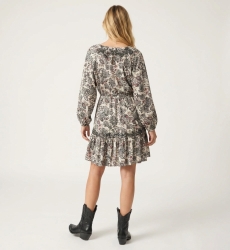 Cream long-sleeve V-neck mini-dress with black and red paisley pattern, tiered skirt, tie-waist, lightweight fabric, back view.
