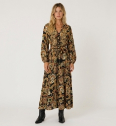 Front view of a black long-sleeve V-neck maxi dress with colorful paisley pattern, tie-waist, and flowing fabric.
