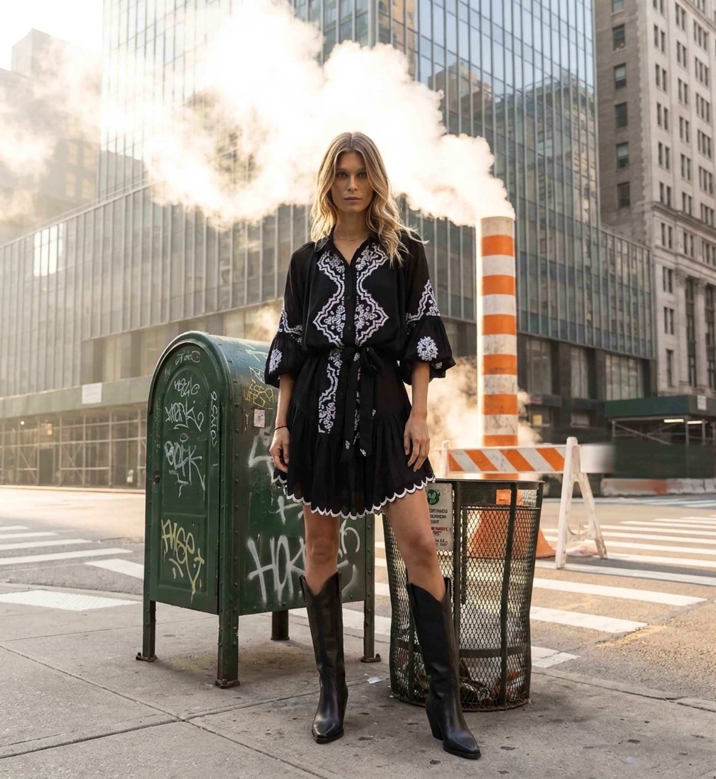 Vestido corto elegante y moderno para mujer, con estilo, fotografiado en un entorno urbano con elementos industriales.