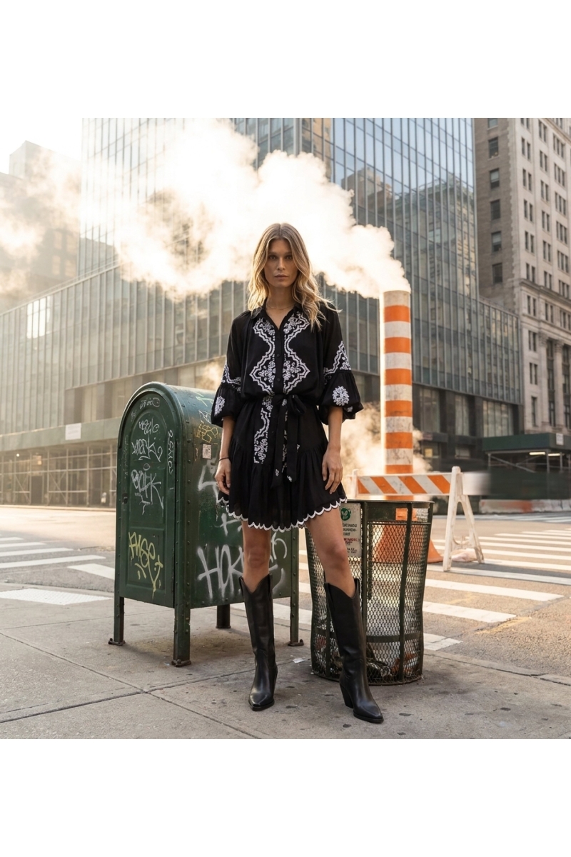 Vestido curto elegante e moderno para mulher, chique, fotografado num ambiente urbano com elementos industriais.