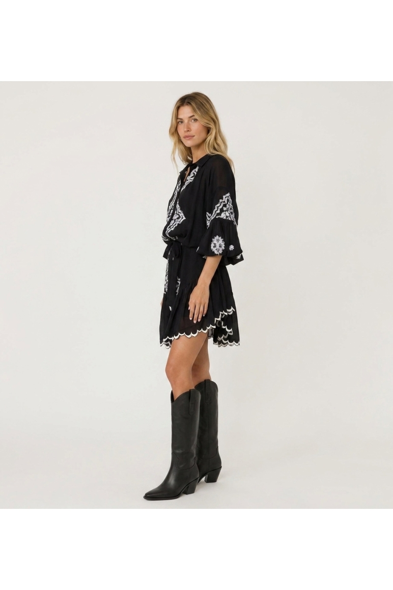 Elegant short dress for women, shown in a three-quarter side view. Perfect for summer or evening wear, featuring a flattering cu