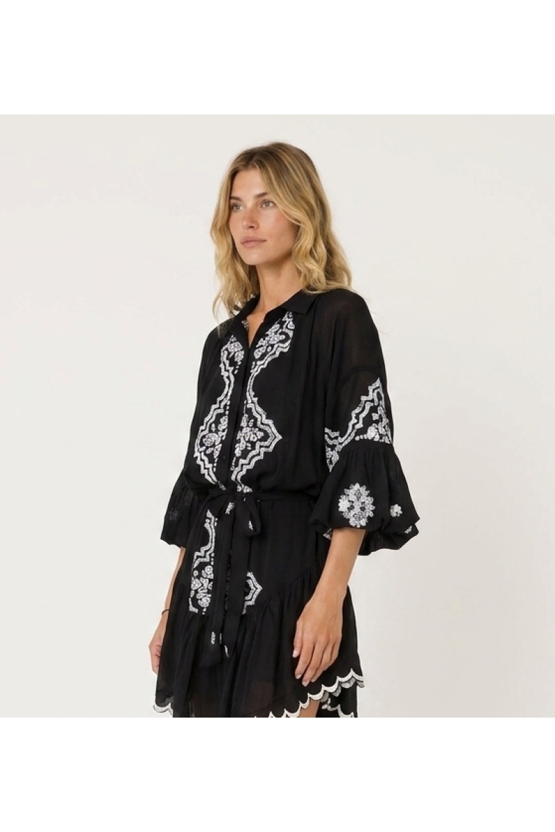 Stylish short dress for women, presented in a flattering three-quarter side view, ideal for various events.