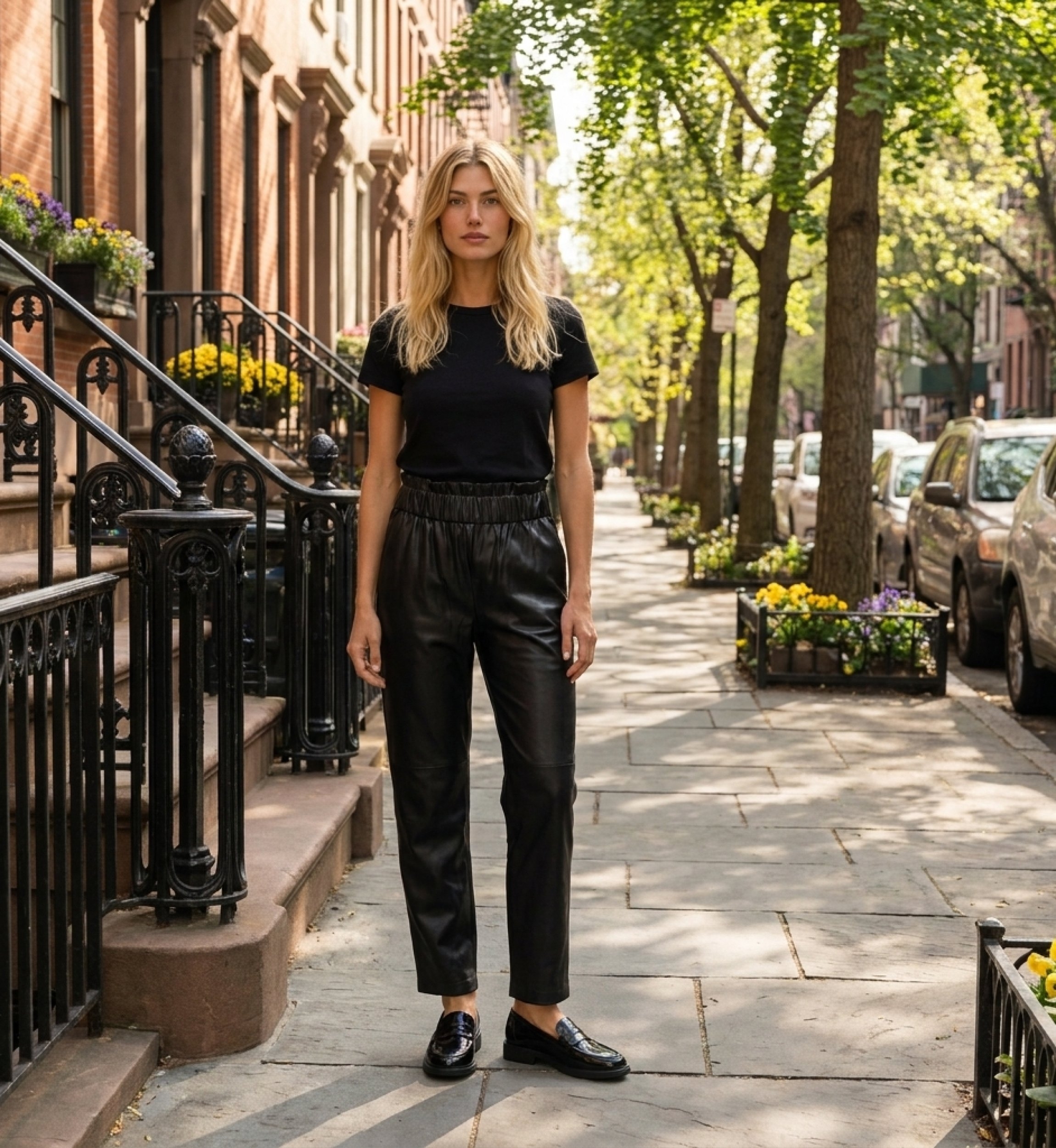 Stylish black leather pants for women, street style fashion shot on an urban sidewalk, modern fitted look.