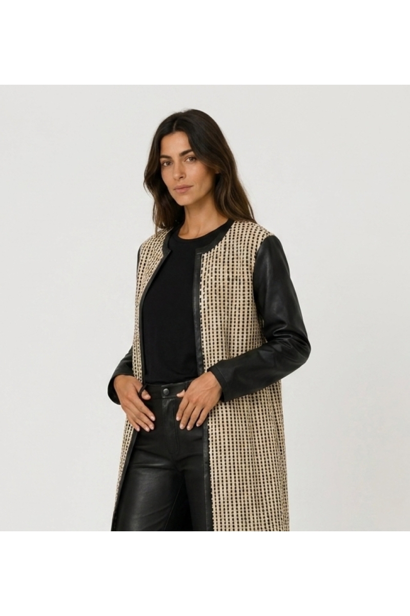 Chic collarless long jacket: black and beige woven fabric, faux leather sleeves and trim, open front.
