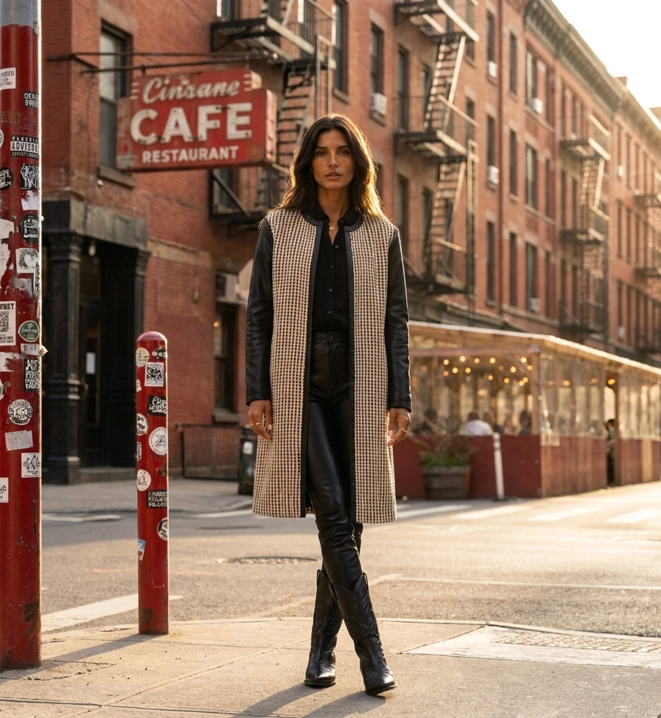 Collarless open-front long jacket in black and beige woven fabric with faux leather sleeves and trim, street view.
