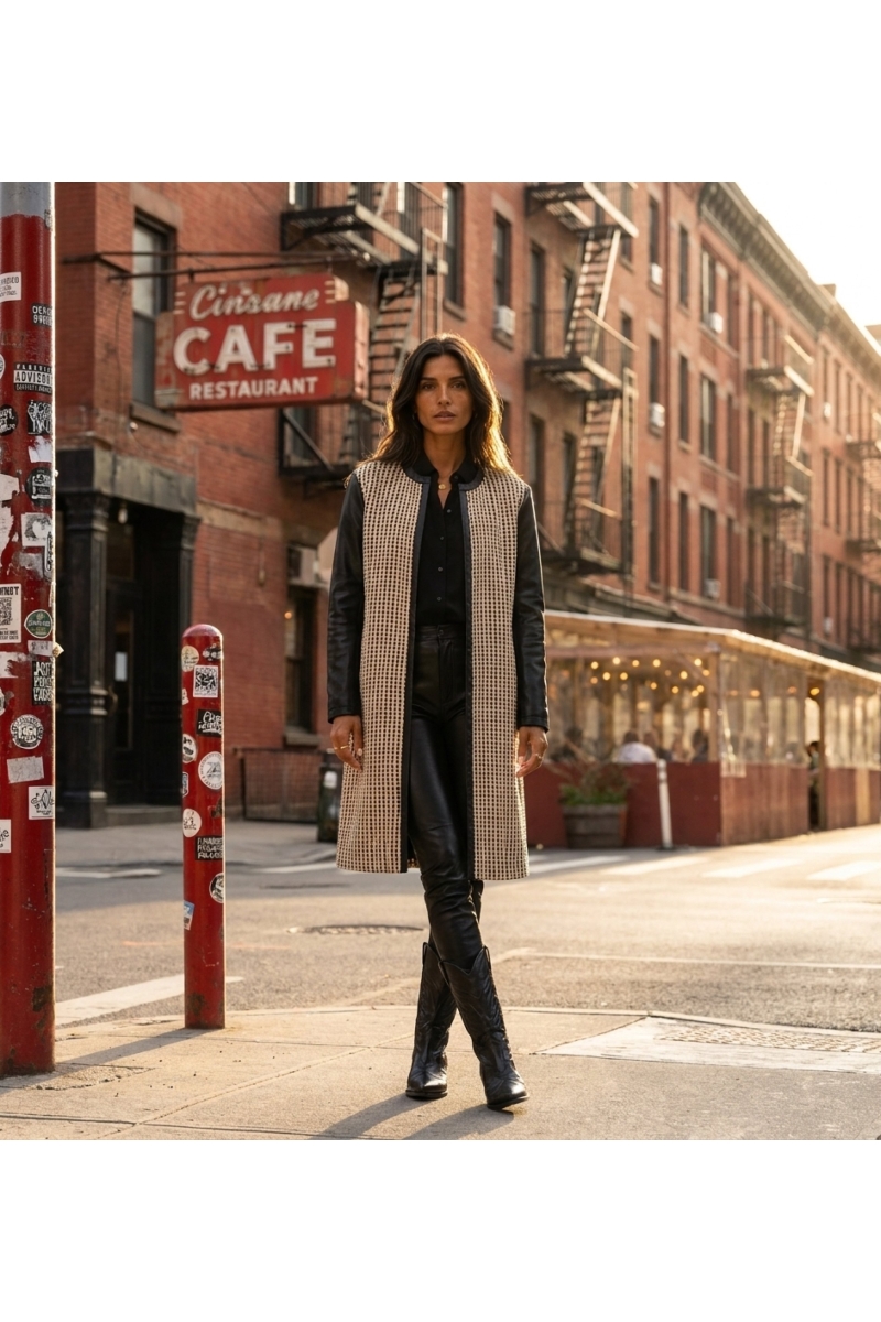 Collarless open-front long jacket in black and beige woven fabric with faux leather sleeves and trim, street view.
