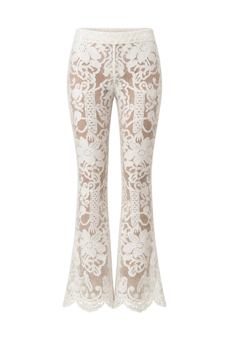 White lace flared trousers with floral pattern, nude lining, and scalloped hem. Elegant wide-leg pants.