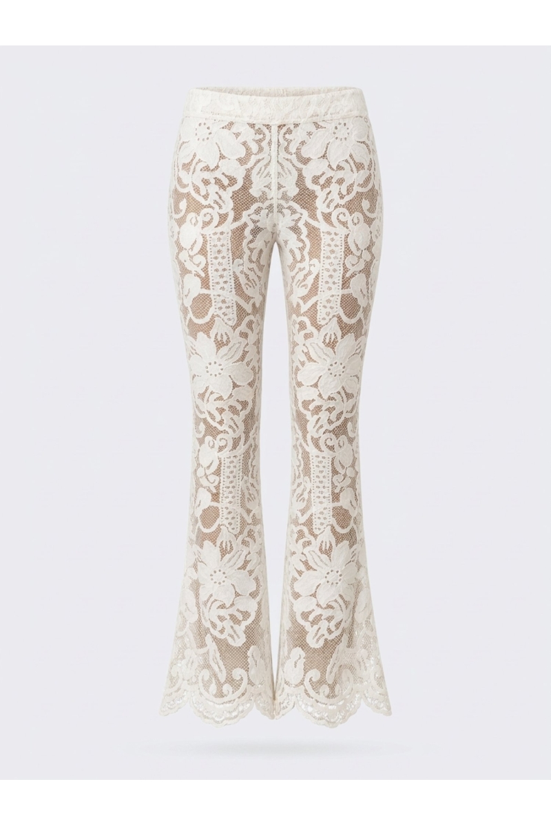 White lace flared trousers with a delicate floral pattern, nude lining, and elegant scalloped hem.