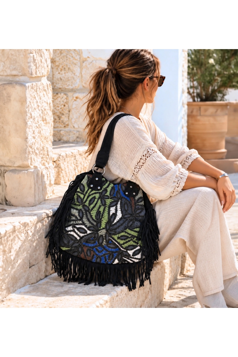 Biza Fringed Leather Bag in Black | Miss June Paris