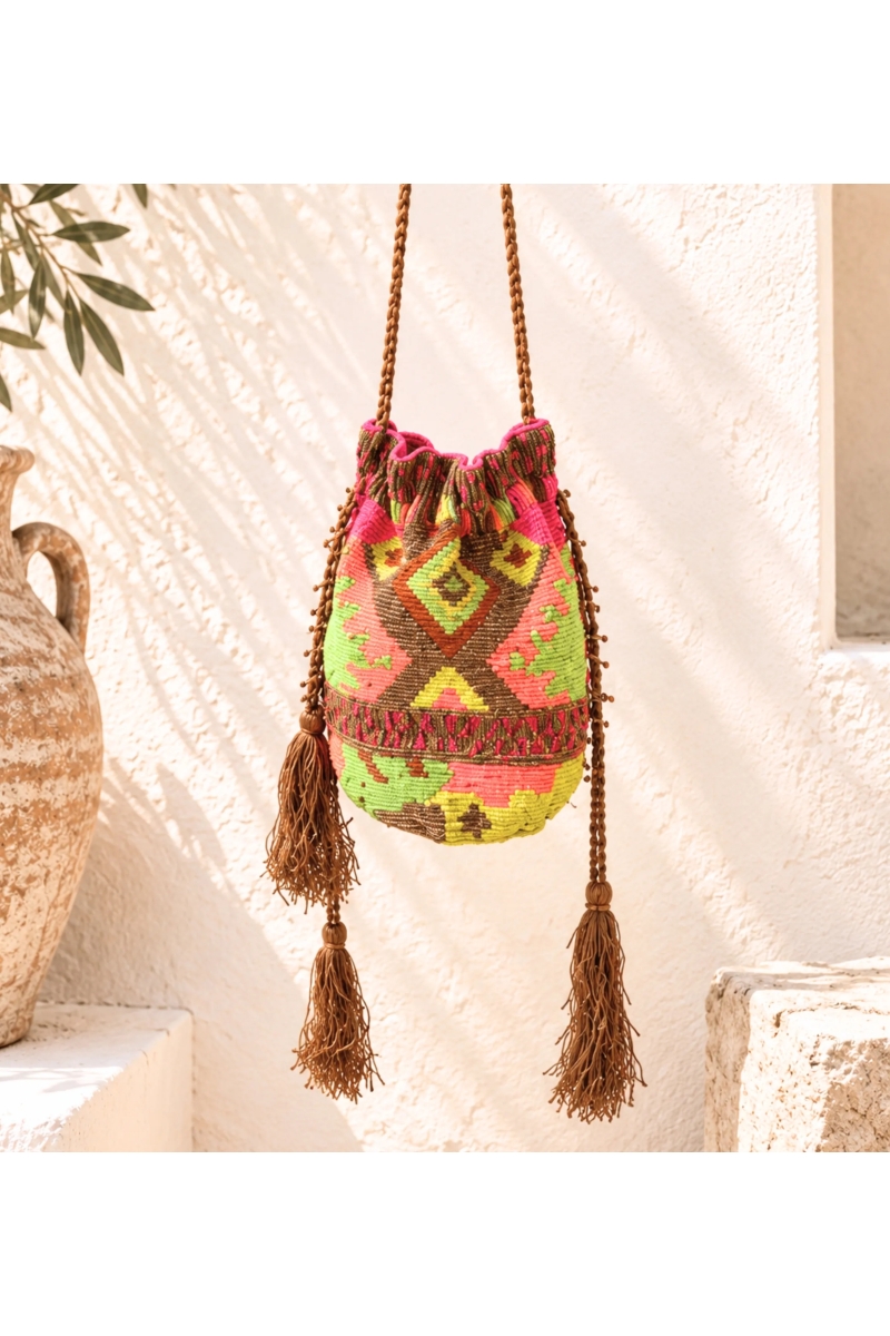 Mumbay Neon Drawstring Bag with Tassels | Miss June Paris