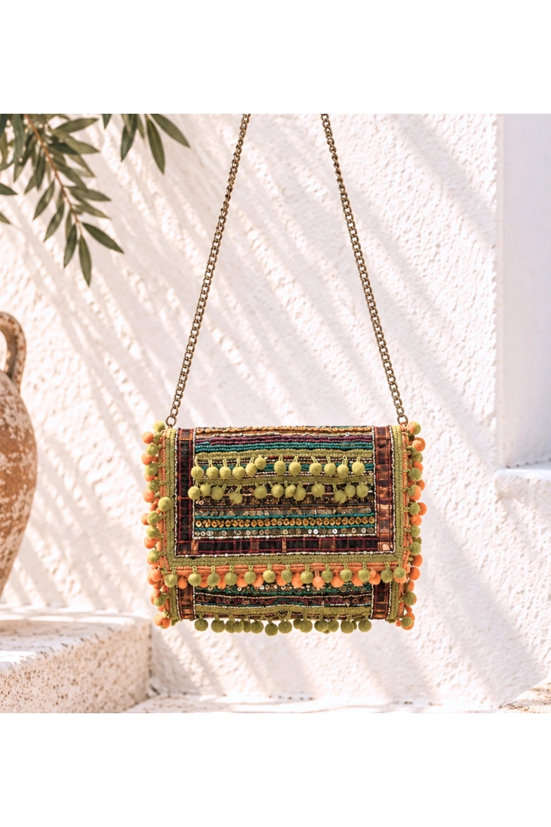 Sequin Clutch with Pompoms, Anise Green | Miss June Paris