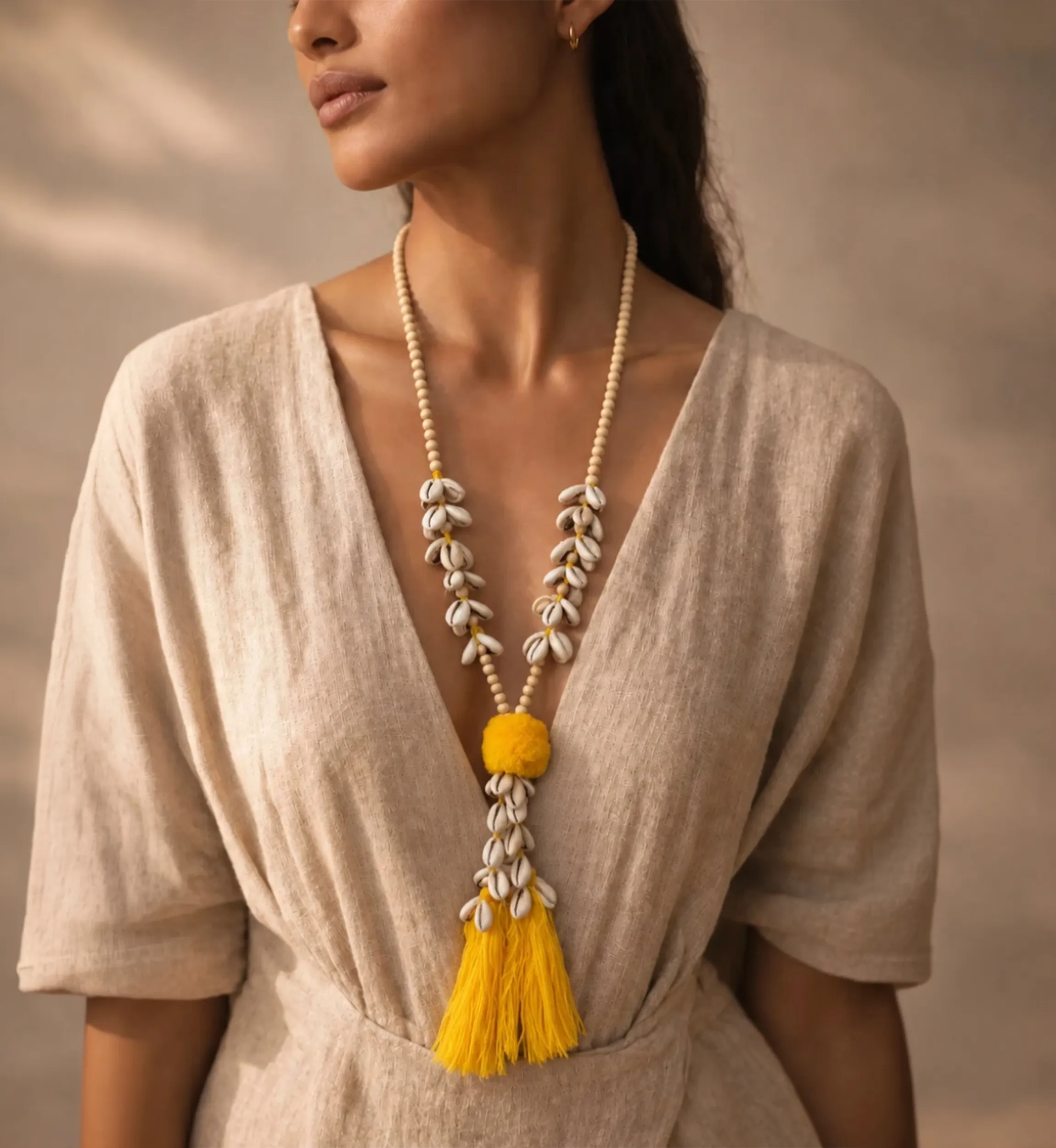 Cord Shell Necklace with Yellow Pompom | Miss June Paris