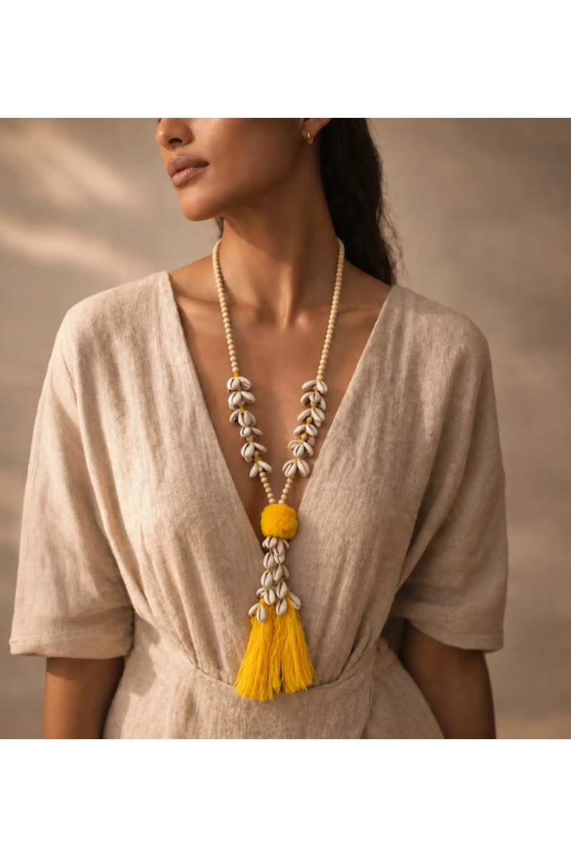 Cord Shell Necklace with Yellow Pompom | Miss June Paris