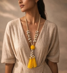 Cord Shell Necklace with Yellow Pompom | Miss June Paris