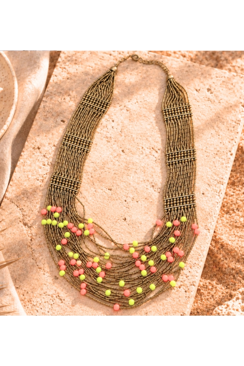 Lantana Beaded Bib Necklace in Coral | Miss June Paris
