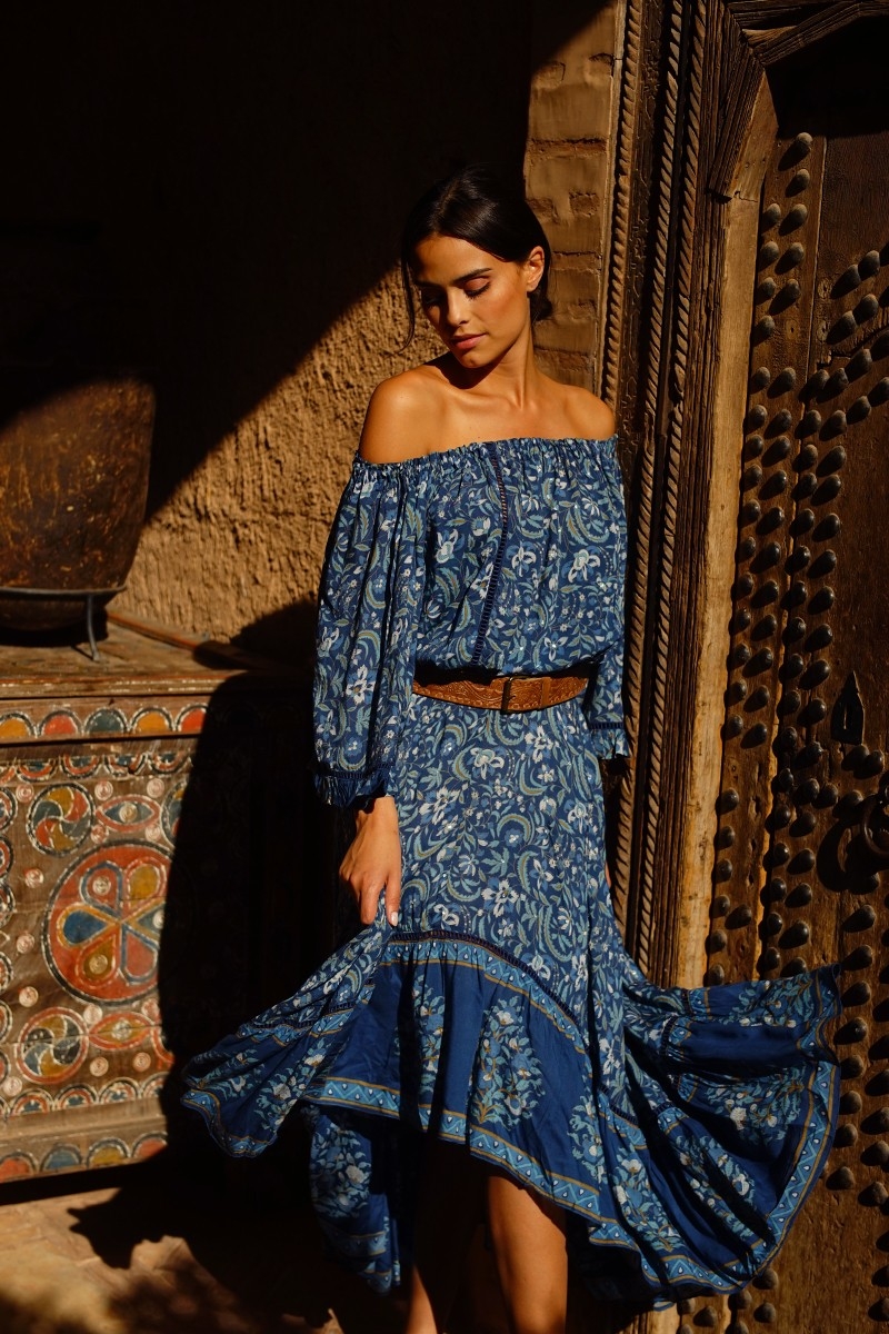 Sky Long Skirt – Navy Blue – Floral Pattern – Asymmetrical – Boho Style – Miss June Paris – 2