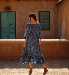 Sky Long Skirt – Navy Blue – Floral Pattern – Asymmetrical – Boho Style – Miss June Paris – 4