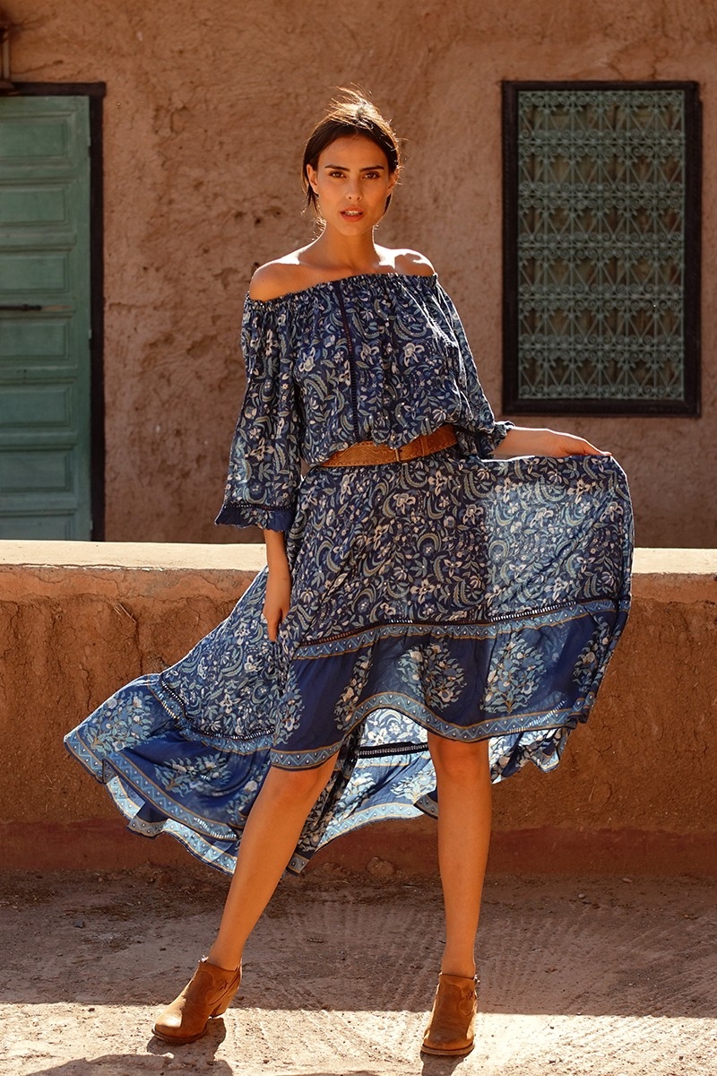 Saia longa Sky – Azul-marinho – Estampa floral – Assimétrica – Estilo boho – Miss June Paris – 1