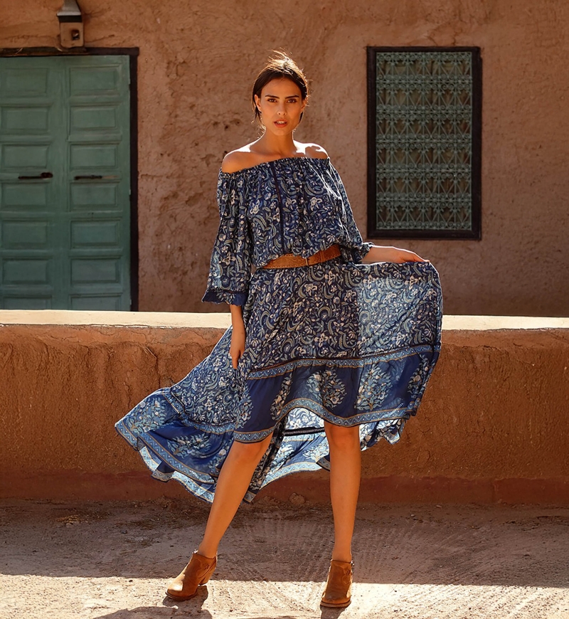 Saia longa Sky – Azul-marinho – Estampa floral – Assimétrica – Estilo boho – Miss June Paris – 1