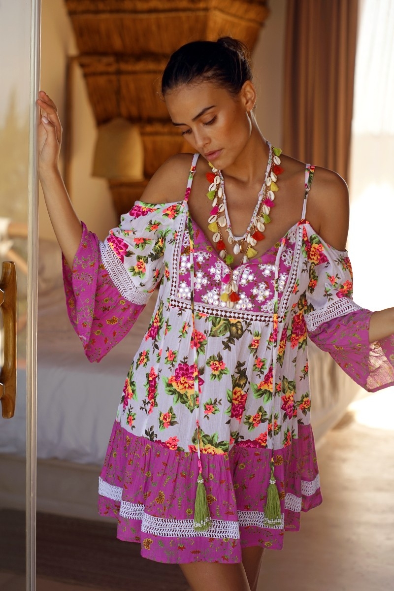 Vestido corto Tropical, Estampado floral, Manga larga, Bohemio, Miss June Paris, 2