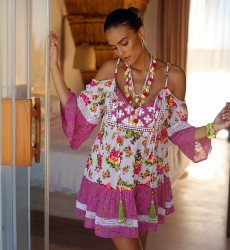 Vestido corto Tropical, Estampado floral, Manga larga, Bohemio, Miss June Paris, 2
