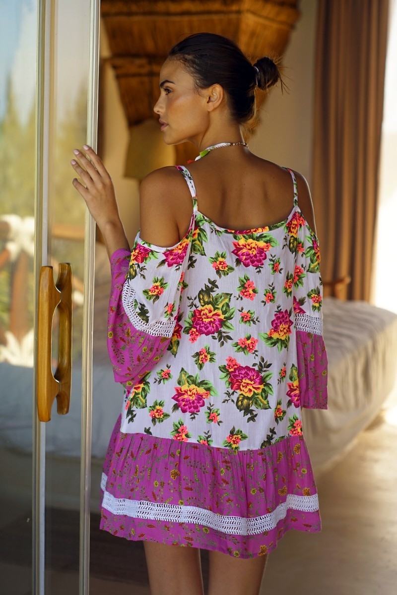 Tropical Short Dress, Floral Print, Long Sleeve, Bohemian, Miss June Paris, 3