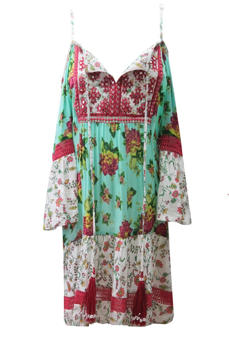 Vestido curto Tropical, Estampa floral, Manga longa, Boêmio, Miss June Paris, 4