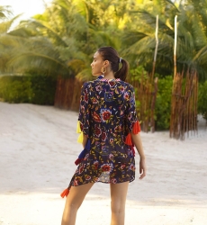 Coconut Short Caftan – Navy Blue – Multicolored Pompons – Light Fabric – Short Sleeve – Bohemian – Miss June Paris – 3