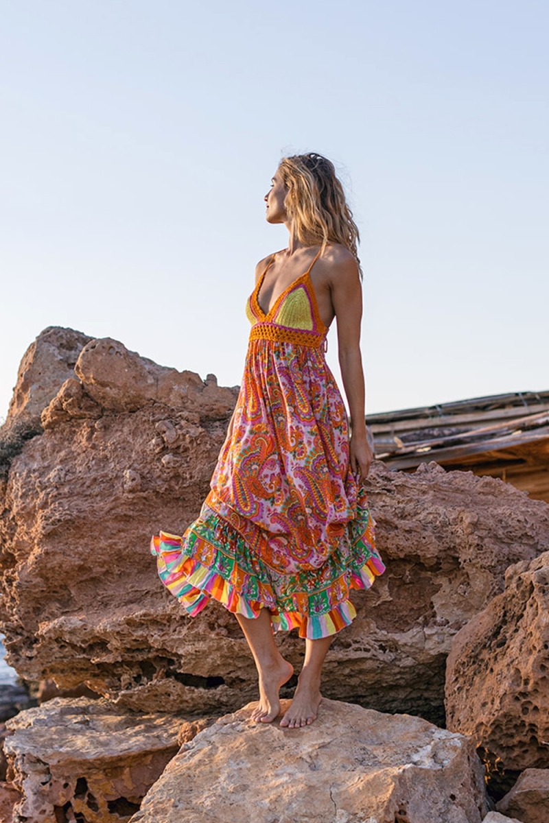 Vestido longo CHARM: laranja/rosa - decote em V - topo de crochê - alças finas - boho - Miss June Paris - 3