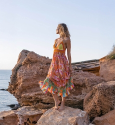 Vestido longo CHARM: laranja/rosa - decote em V - topo de crochê - alças finas - boho - Miss June Paris - 3