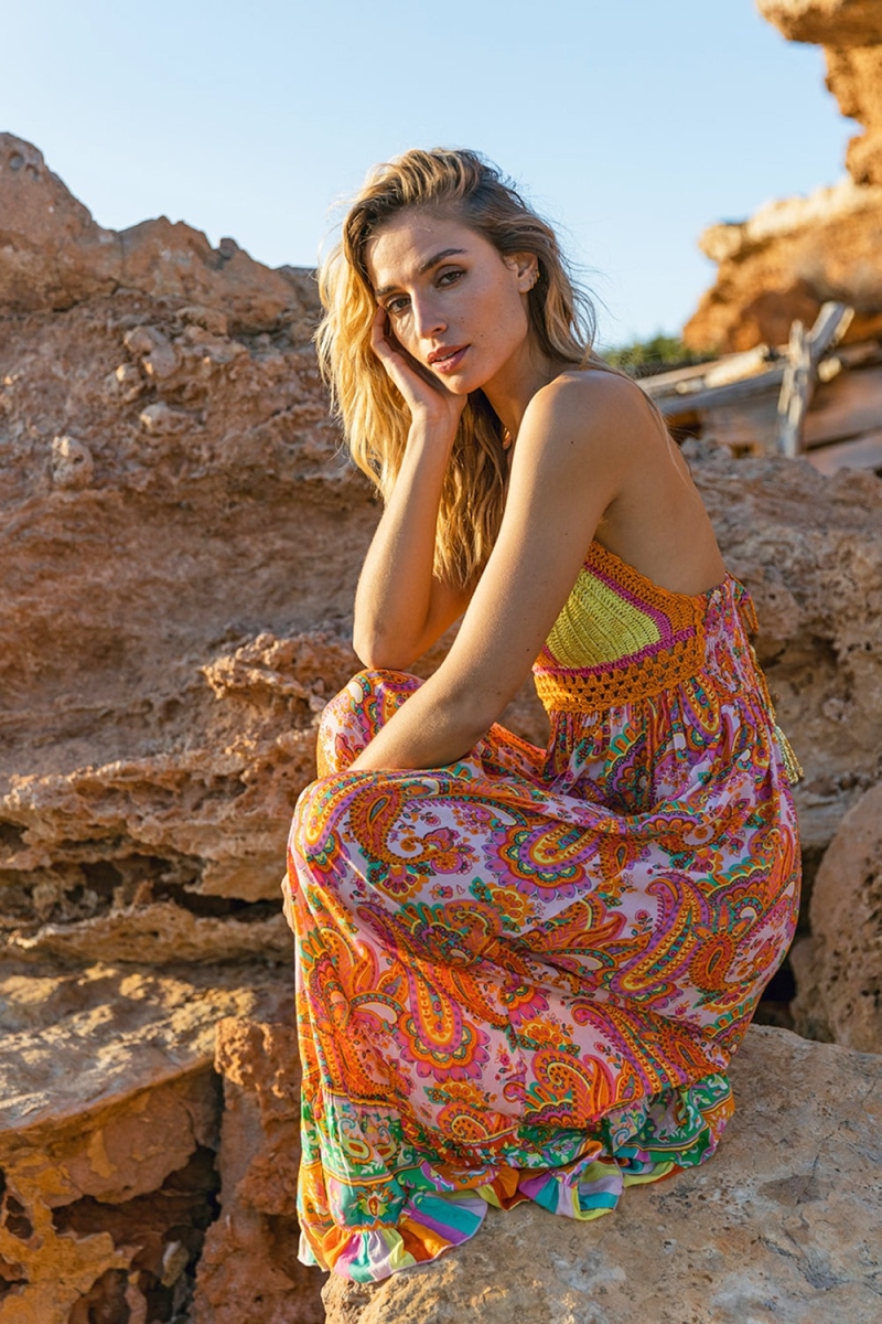 Long dress CHARM: orange/pink - V-neck - crochet top - thin straps - boho - Miss June Paris - 2