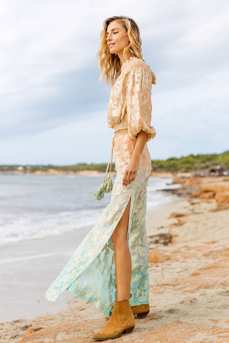 Pants BELLY: peach/aqua - gold decorated - boho - Miss June Paris - 3