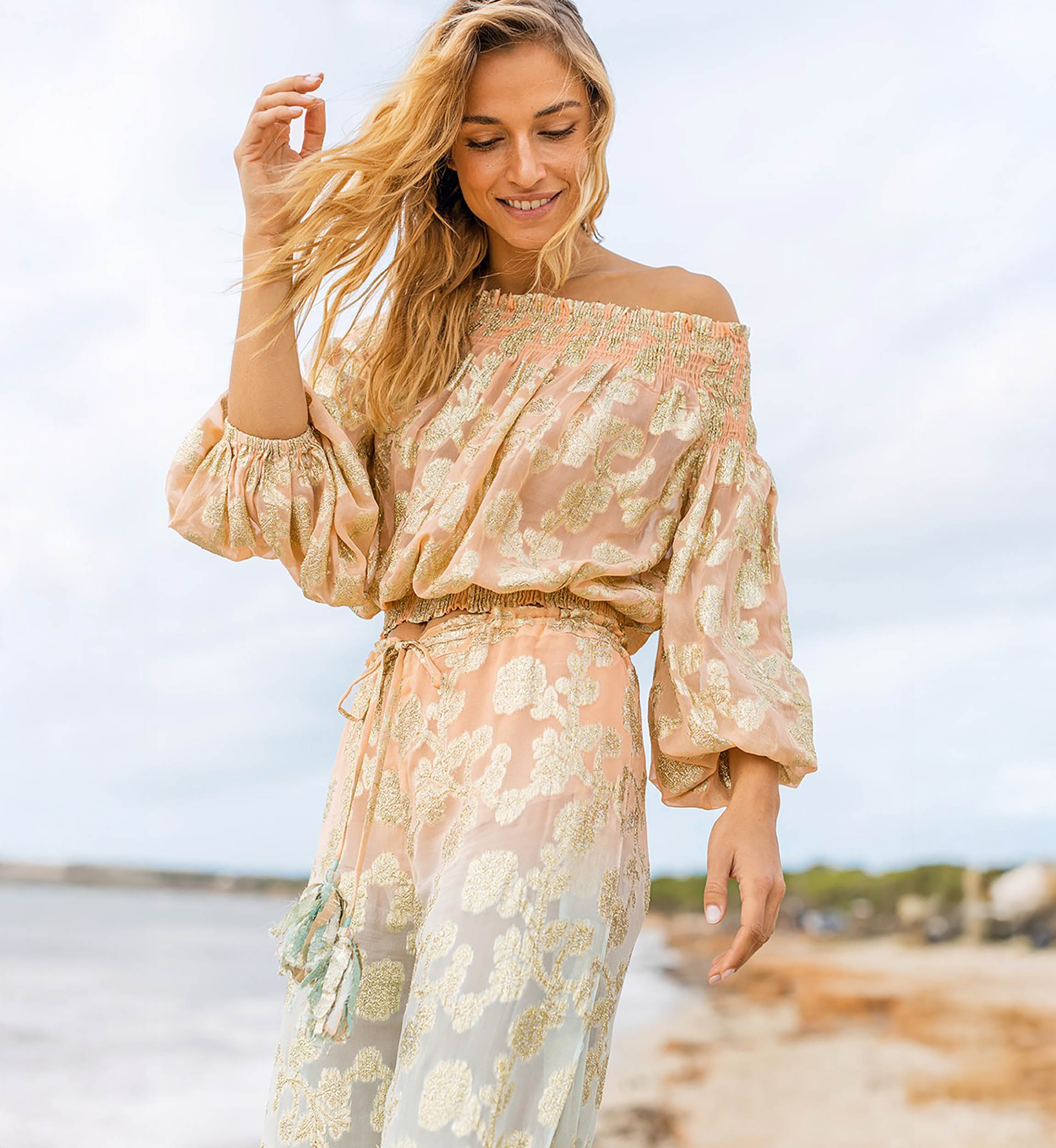 Calças BELLY: pêssego/aqua - decoradas em dourado - boho - Miss June Paris - 2