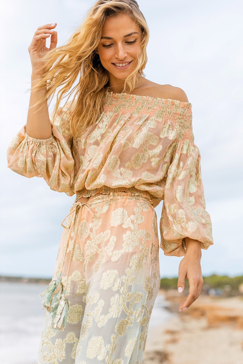 Pants BELLY: peach/aqua - gold decorated - boho - Miss June Paris - 2