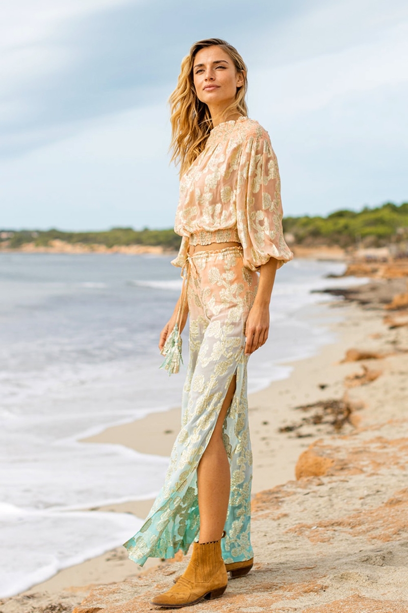 Pants BELLY: peach/aqua - gold decorated - boho - Miss June Paris - 1