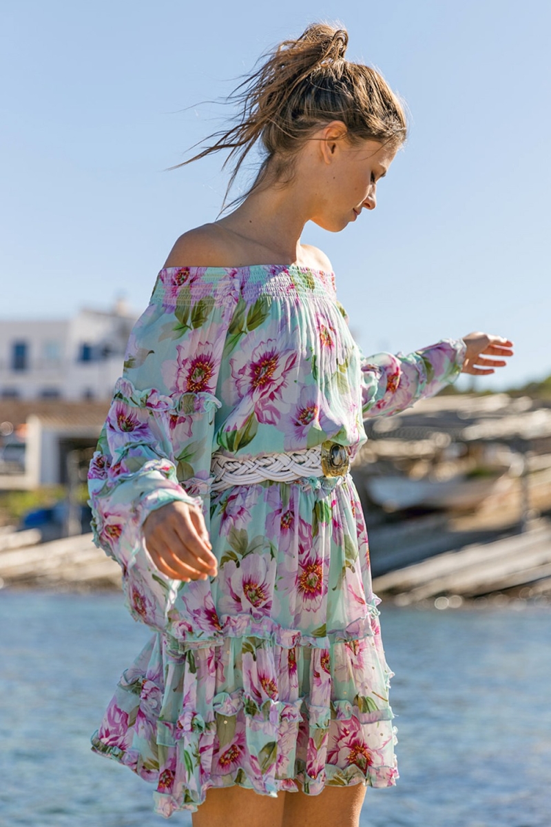 Vestido curto Fleur – Manga longa – Ombros à mostra – Floral – Miss June Paris – 2