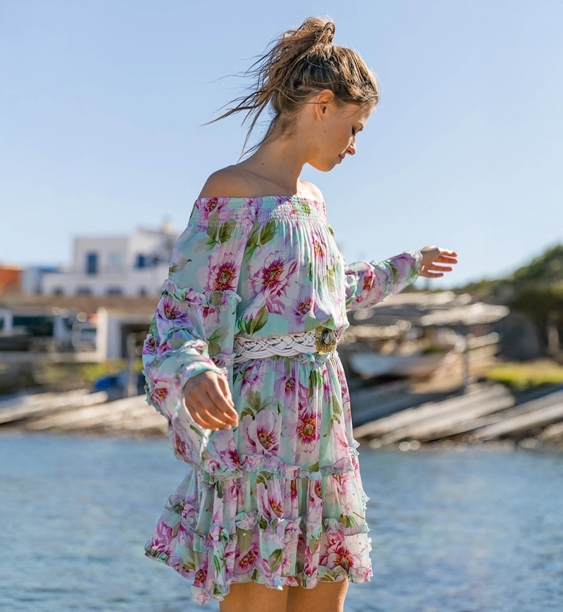 Fleur Short Dress – Long Sleeve – Off-Shoulder – Floral – Miss June Paris – 2