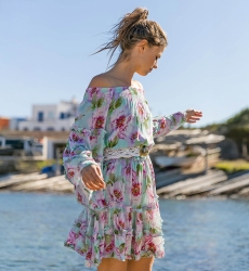 Vestido curto Fleur – Manga longa – Ombros à mostra – Floral – Miss June Paris – 2